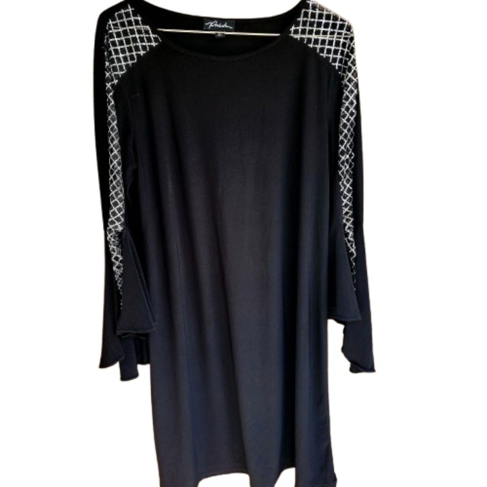 Womens M Prelude Black Whimsigoth Silver Sequin Long Bell Sleeve Shift Dress